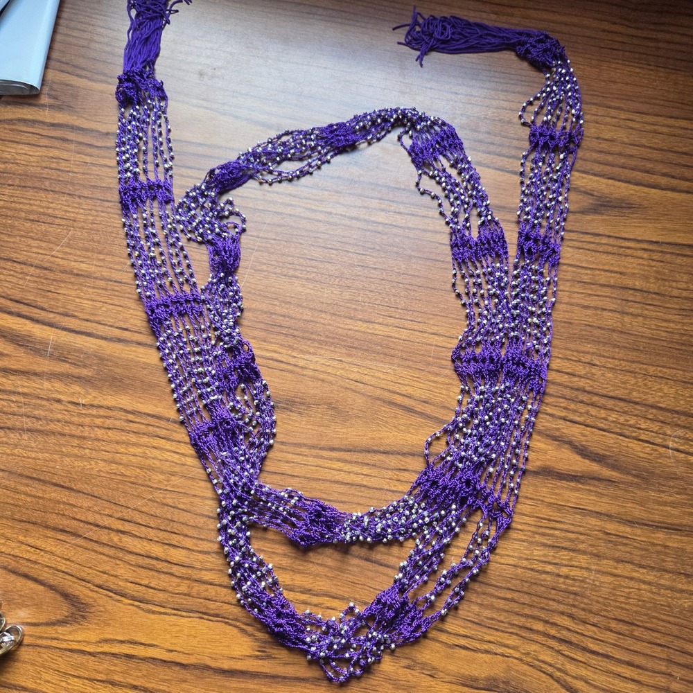 Handmade Purple Crochet Lariat Necklace Silver Bead Accent Tassel Extra Long 92"